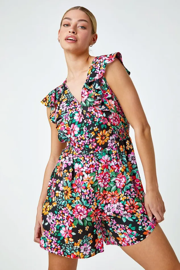 Women Black Ditsy Floral Print Frill Playsuit Roman Dresses