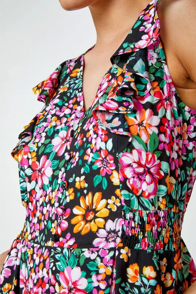 Women Black Ditsy Floral Print Frill Playsuit Roman Dresses