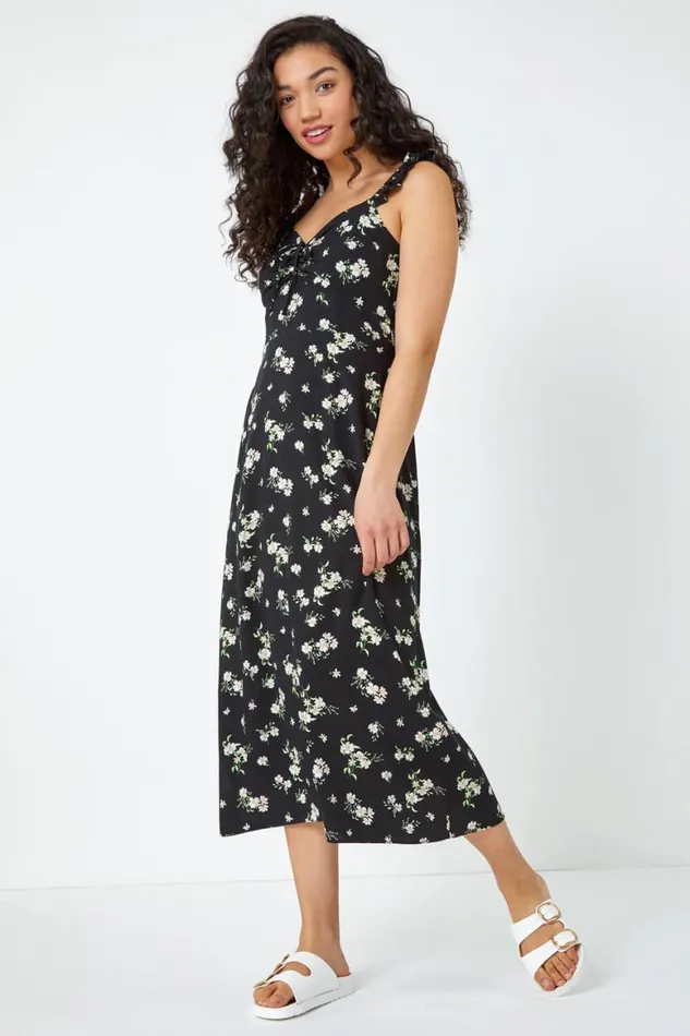 Women Black Ditsy Floral Print Midi Sundress Roman Dresses