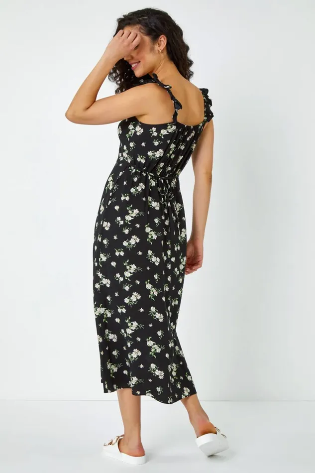Women Black Ditsy Floral Print Midi Sundress Roman Dresses