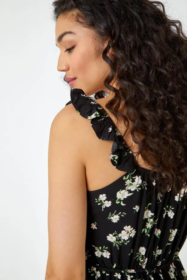 Women Black Ditsy Floral Print Midi Sundress Roman Dresses