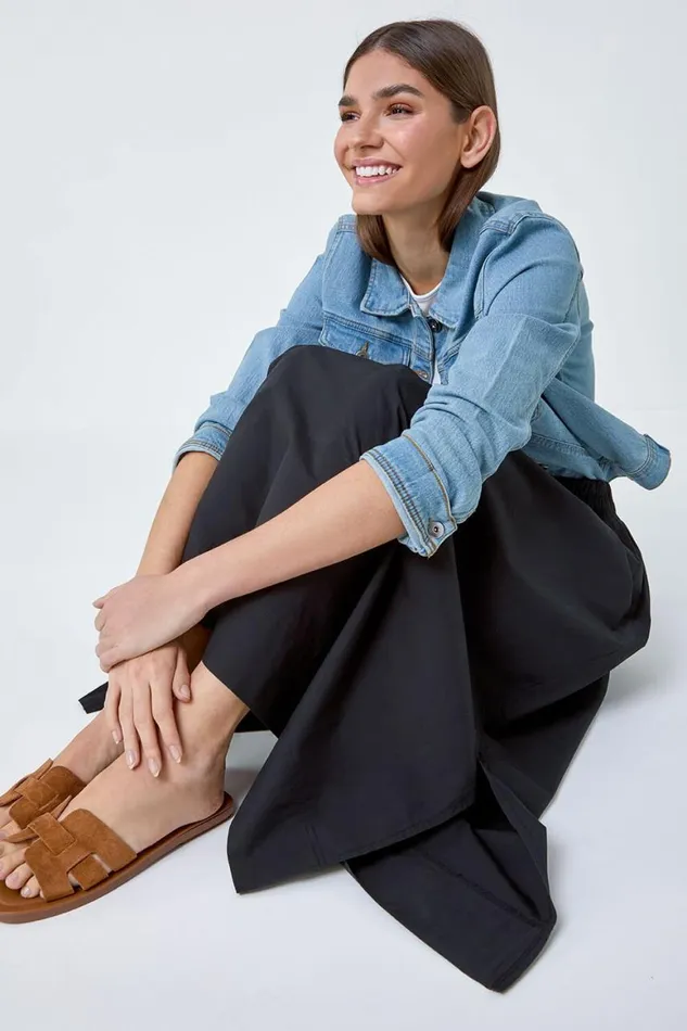 Women Black Elastic Waist Cotton Poplin A Line Pocket Skirt Roman Skirts