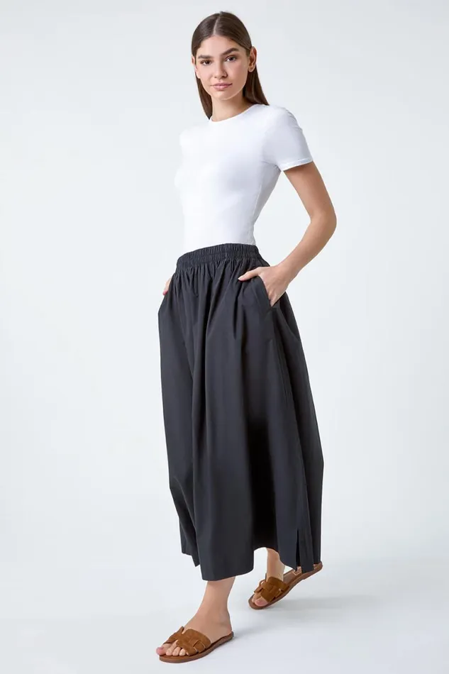 Women Black Elastic Waist Cotton Poplin A Line Pocket Skirt Roman Skirts