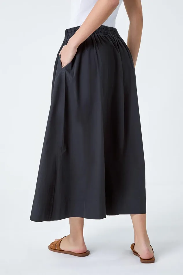 Women Black Elastic Waist Cotton Poplin A Line Pocket Skirt Roman Skirts