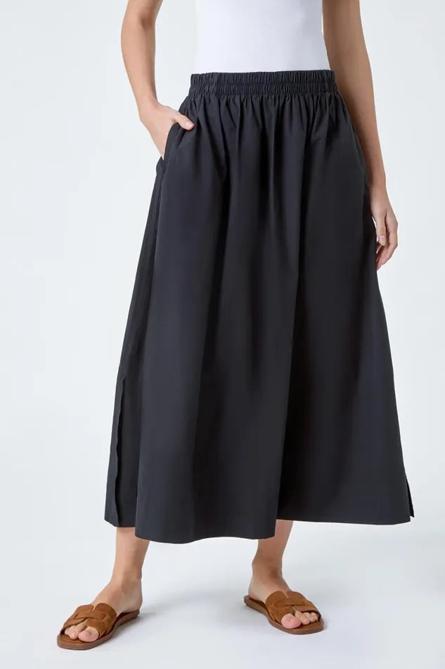 Women Black Elastic Waist Cotton Poplin A Line Pocket Skirt Roman Skirts