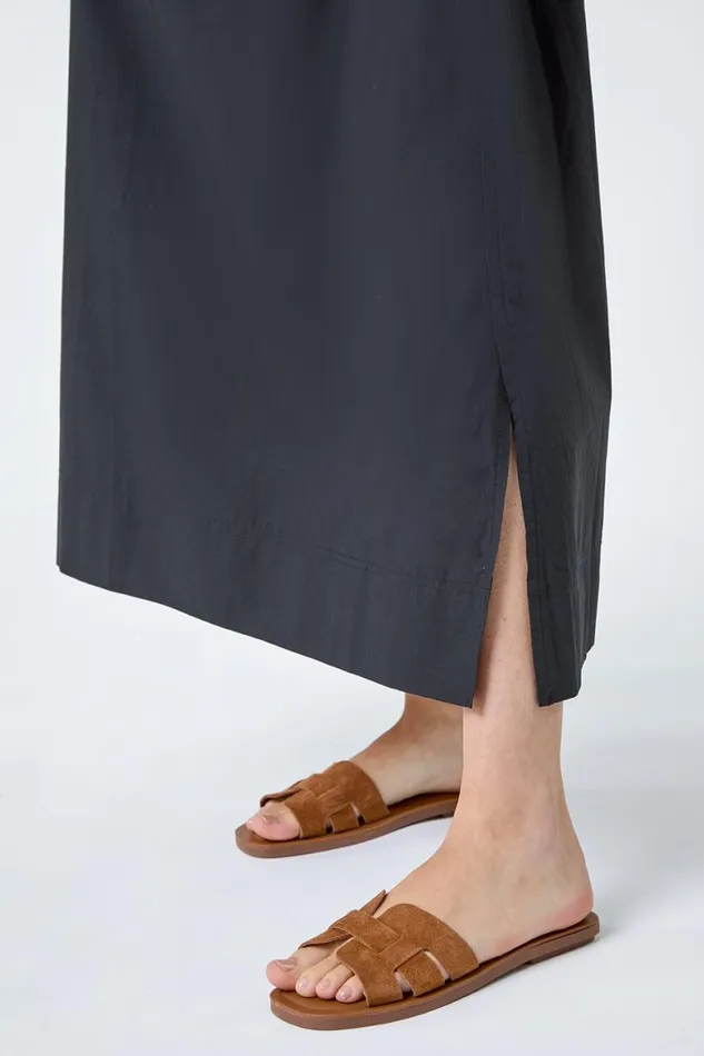 Women Black Elastic Waist Cotton Poplin A Line Pocket Skirt Roman Skirts