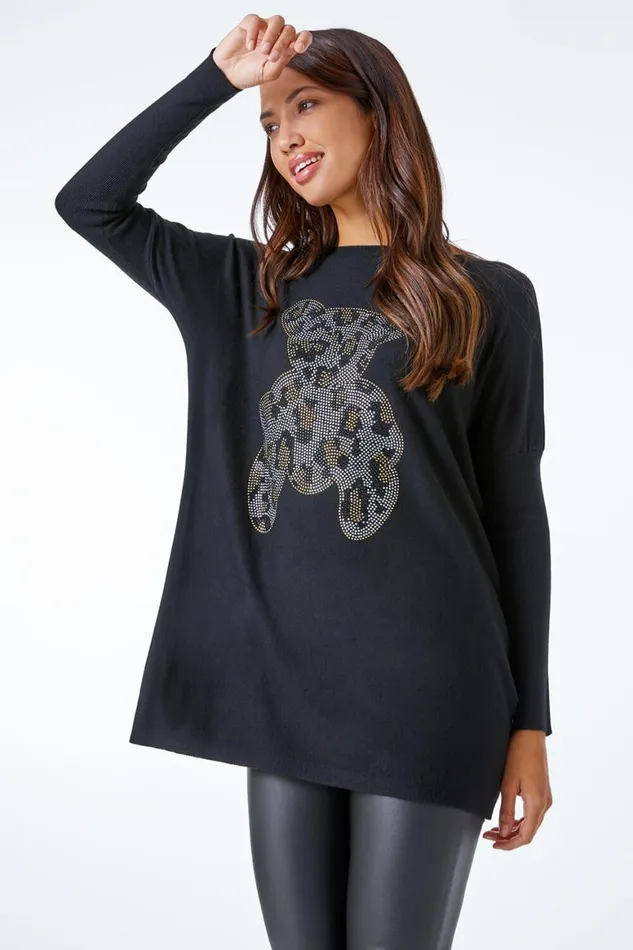 Women Black Embellished Animal Print Bear Longline Jumper Roman Knitwear