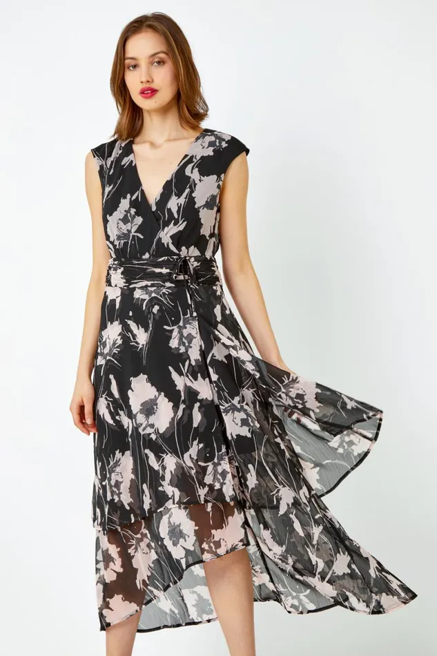 Women Black Embellished Floral Print Tiered Midi Dress Roman Dresses