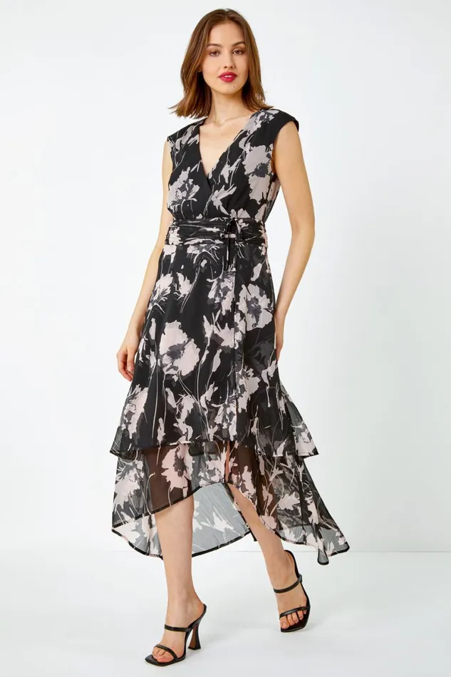 Women Black Embellished Floral Print Tiered Midi Dress Roman Dresses