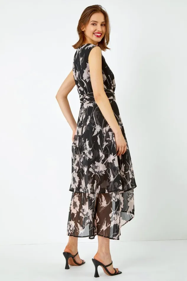 Women Black Embellished Floral Print Tiered Midi Dress Roman Dresses