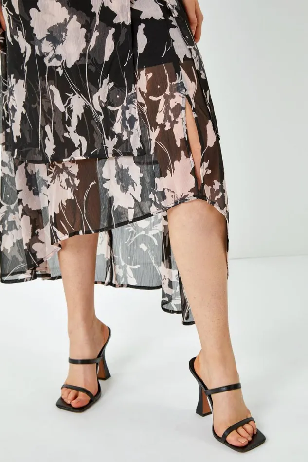 Women Black Embellished Floral Print Tiered Midi Dress Roman Dresses