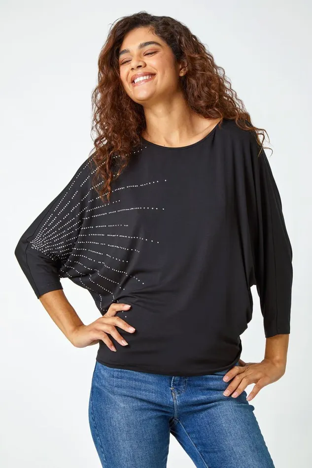 Women Black Embellished Relaxed Stretch Top Roman Tops