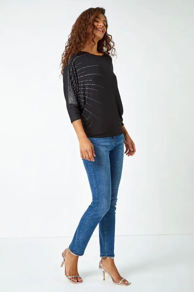 Women Black Embellished Relaxed Stretch Top Roman Tops