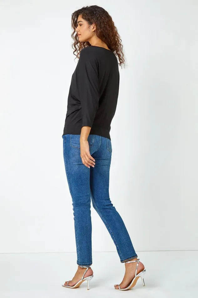 Women Black Embellished Relaxed Stretch Top Roman Tops
