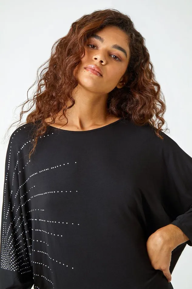 Women Black Embellished Relaxed Stretch Top Roman Tops