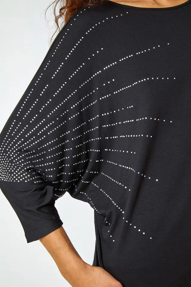 Women Black Embellished Relaxed Stretch Top Roman Tops