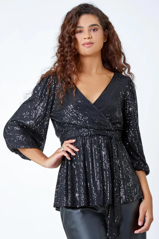 Women Black Embellished Sequin Stretch Wrap Top Roman Tops