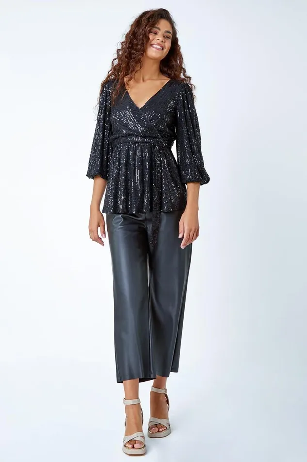 Women Black Embellished Sequin Stretch Wrap Top Roman Tops