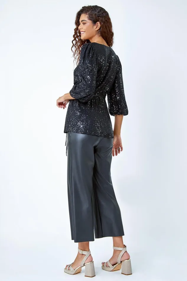Women Black Embellished Sequin Stretch Wrap Top Roman Tops