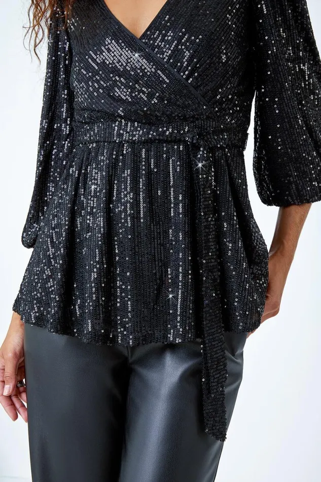 Women Black Embellished Sequin Stretch Wrap Top Roman Tops