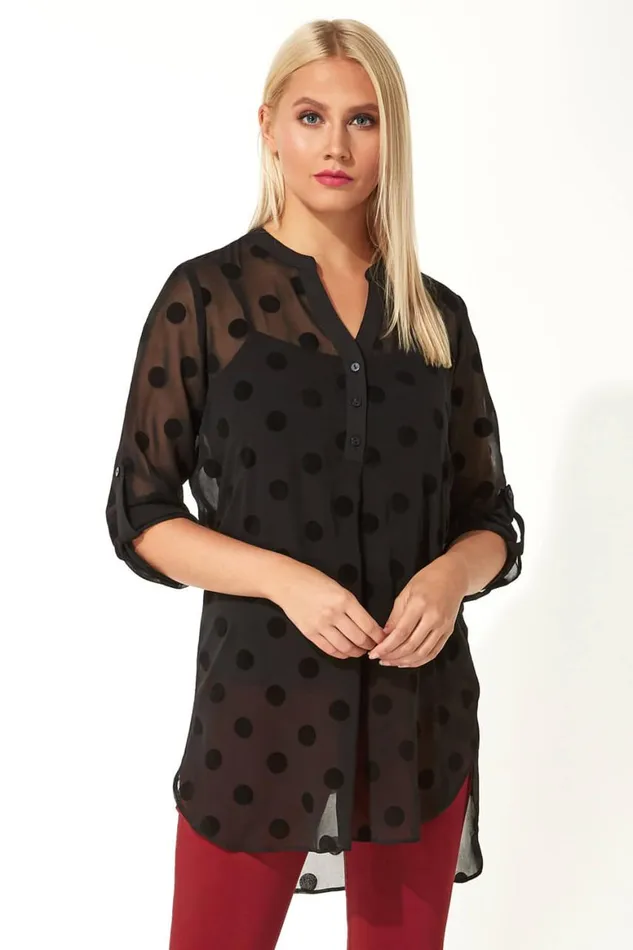 Women Black Flock Spot Print Shirt And Cami Top Roman Tops