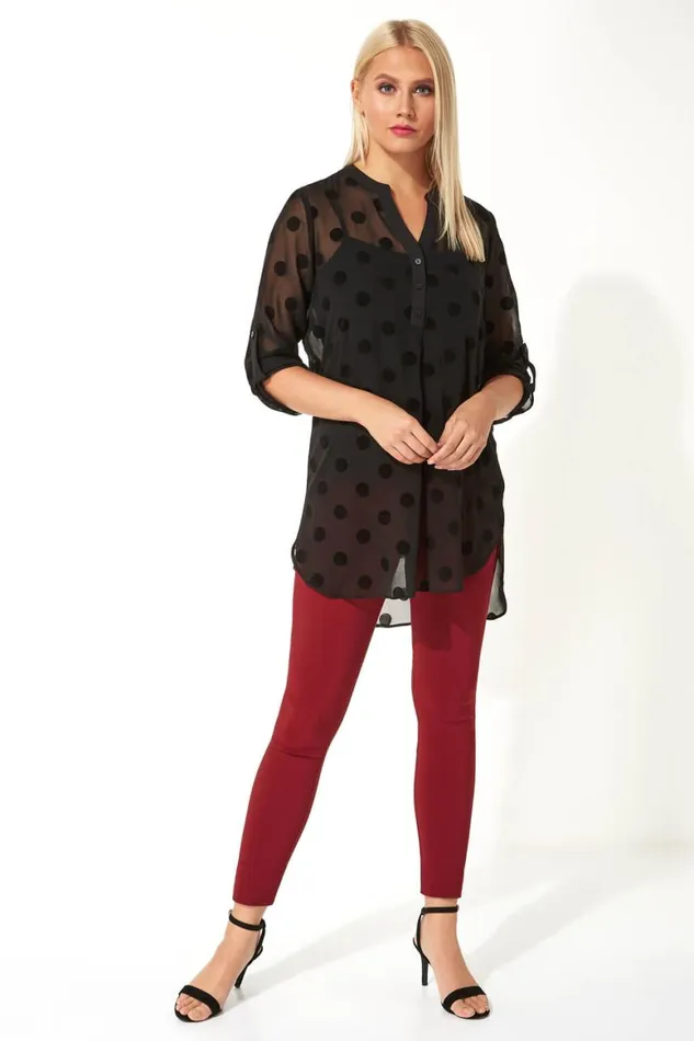 Women Black Flock Spot Print Shirt And Cami Top Roman Tops