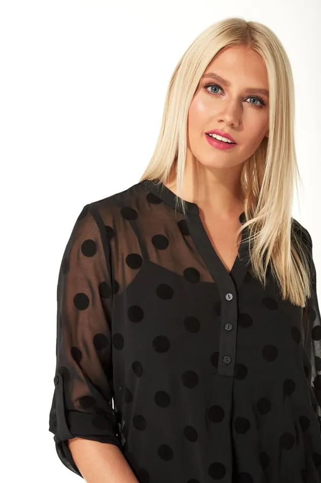 Women Black Flock Spot Print Shirt And Cami Top Roman Tops