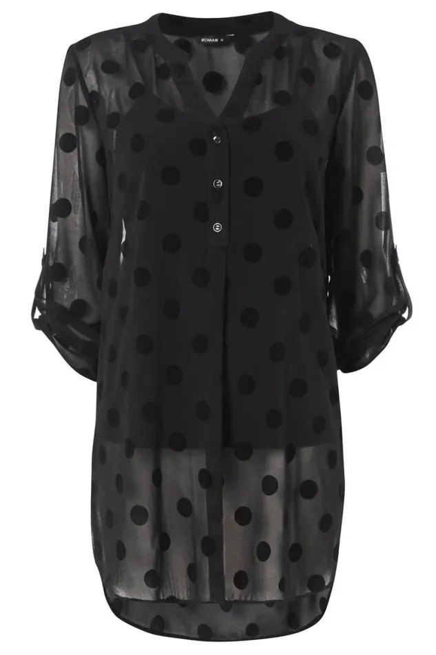 Women Black Flock Spot Print Shirt And Cami Top Roman Tops