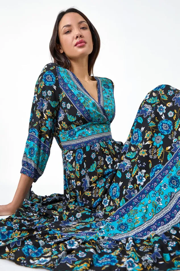 Women Black Floral Border Print Maxi Dress Roman Dresses