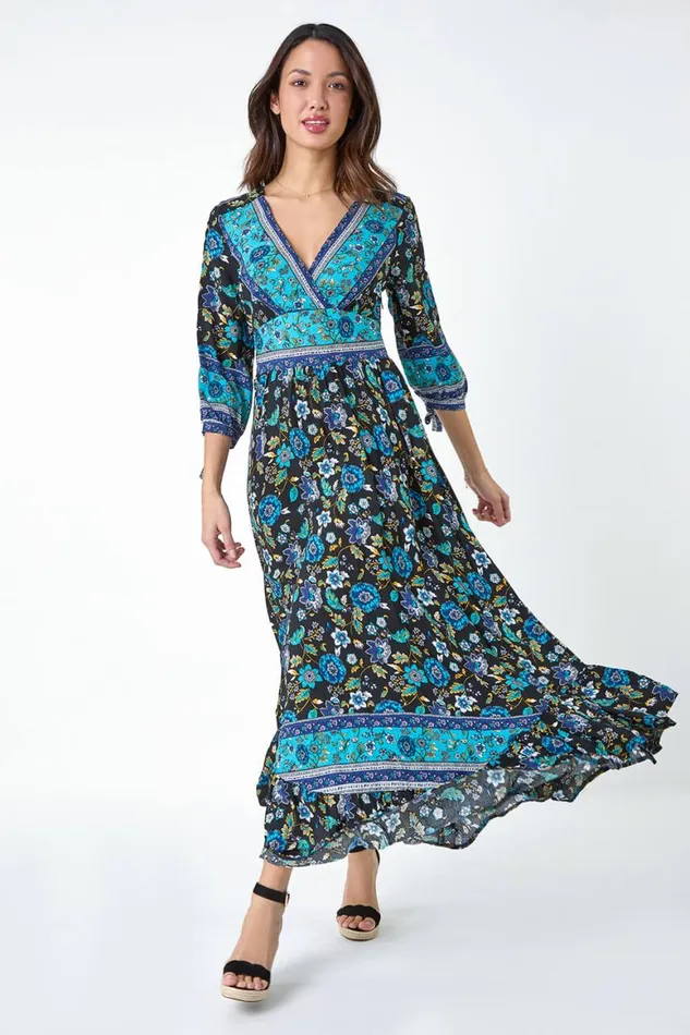 Women Black Floral Border Print Maxi Dress Roman Dresses
