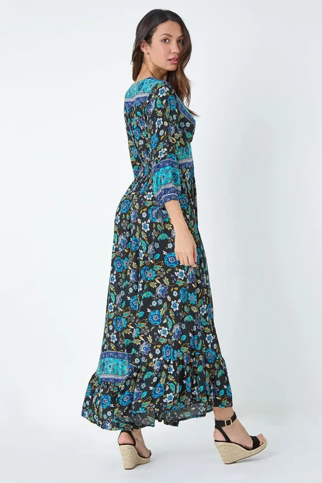 Women Black Floral Border Print Maxi Dress Roman Dresses