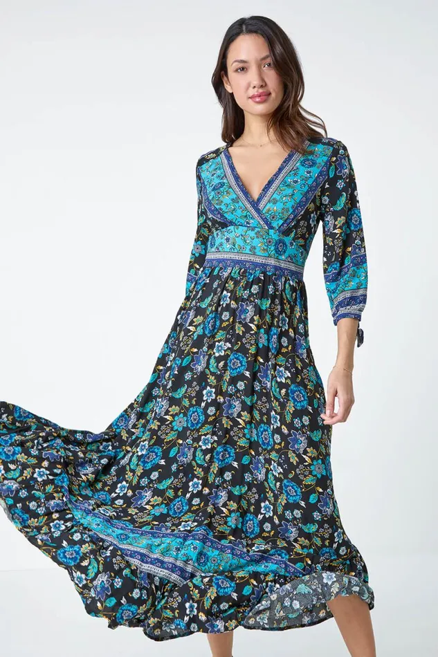 Women Black Floral Border Print Maxi Dress Roman Dresses