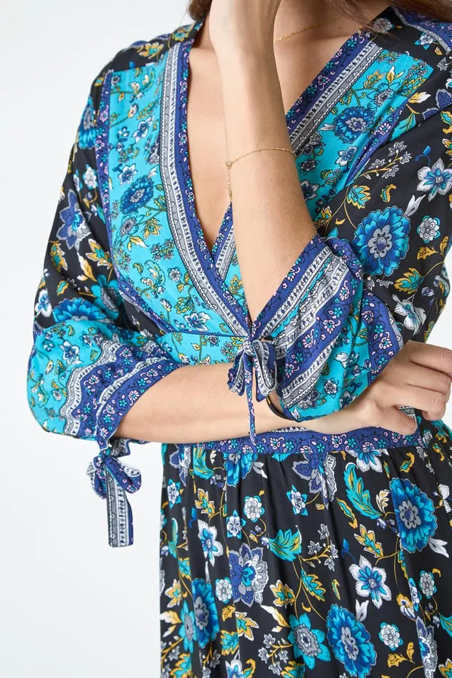 Women Black Floral Border Print Maxi Dress Roman Dresses