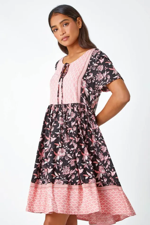 Women Black Floral Border Print Smock Dress Roman Dresses