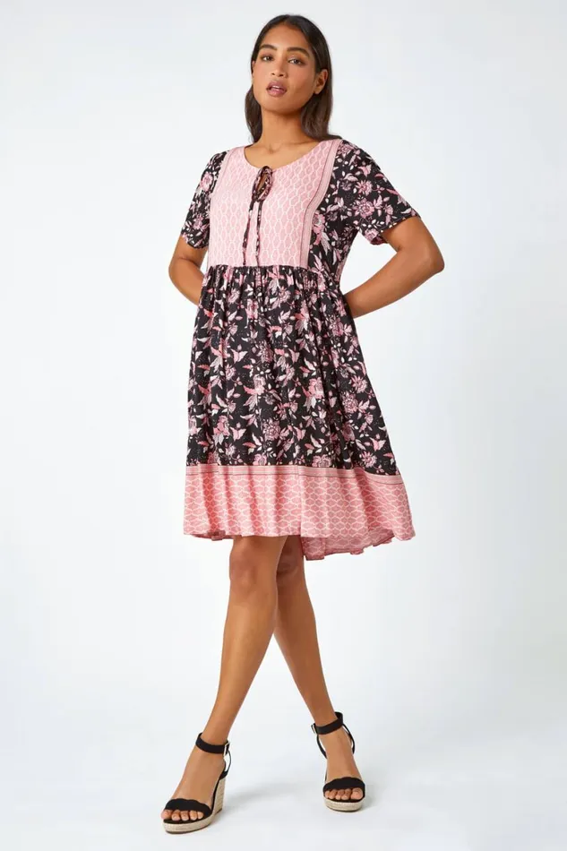 Women Black Floral Border Print Smock Dress Roman Dresses
