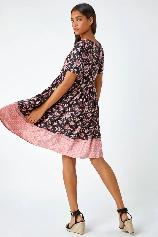 Women Black Floral Border Print Smock Dress Roman Dresses