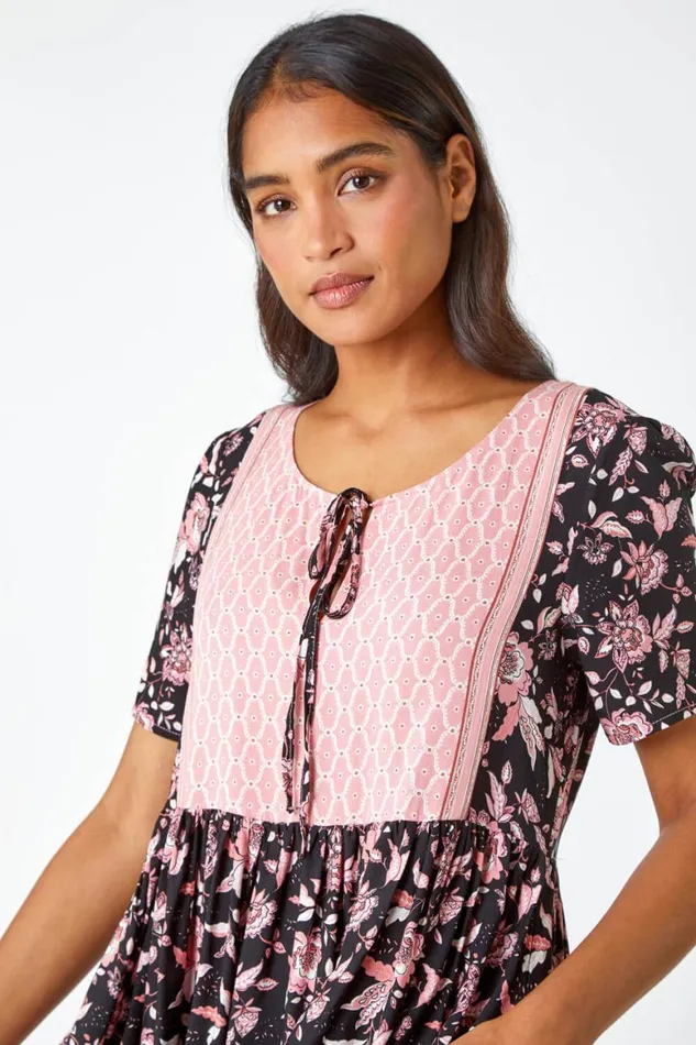 Women Black Floral Border Print Smock Dress Roman Dresses
