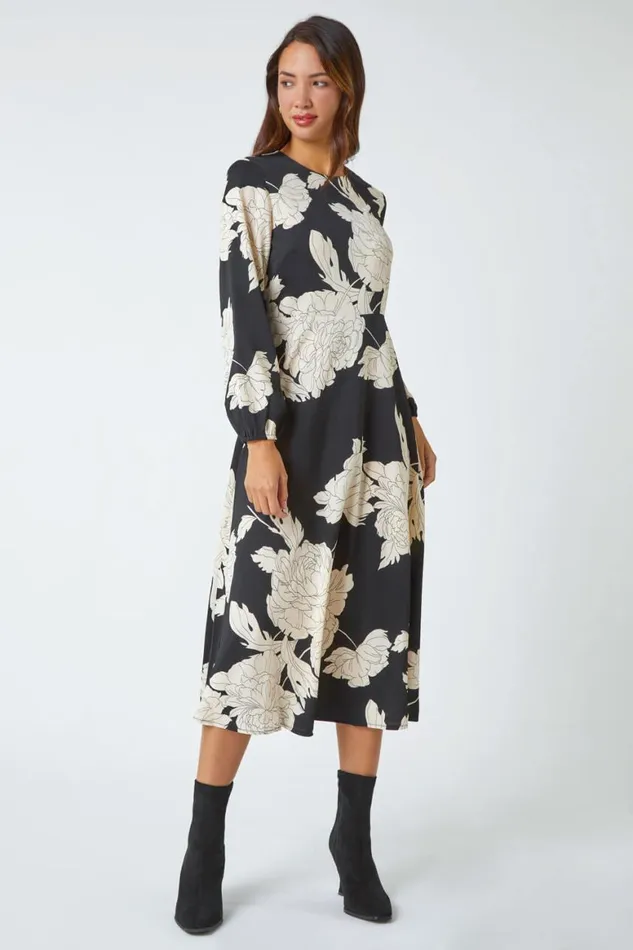 Women Black Floral Contrast Print Midi Dress Roman Dresses