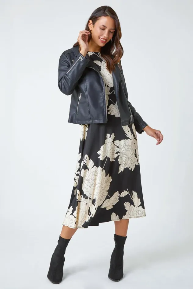 Women Black Floral Contrast Print Midi Dress Roman Dresses