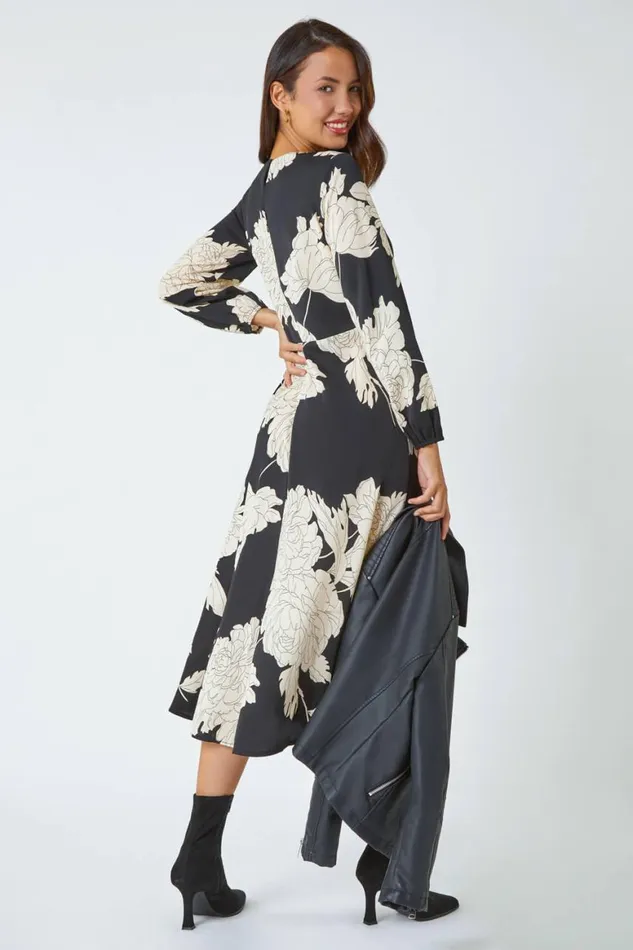 Women Black Floral Contrast Print Midi Dress Roman Dresses