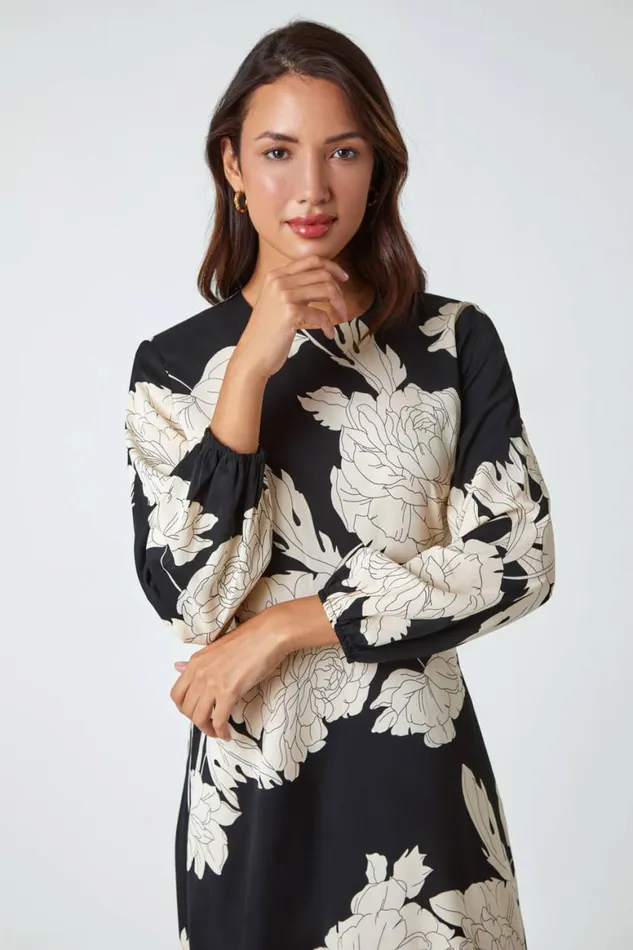Women Black Floral Contrast Print Midi Dress Roman Dresses