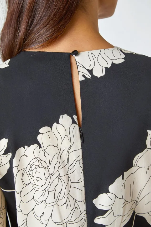 Women Black Floral Contrast Print Midi Dress Roman Dresses