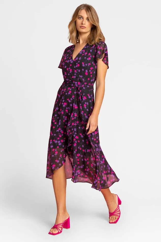 Women Black Floral Frill Detail Wrap Dress Roman Dresses
