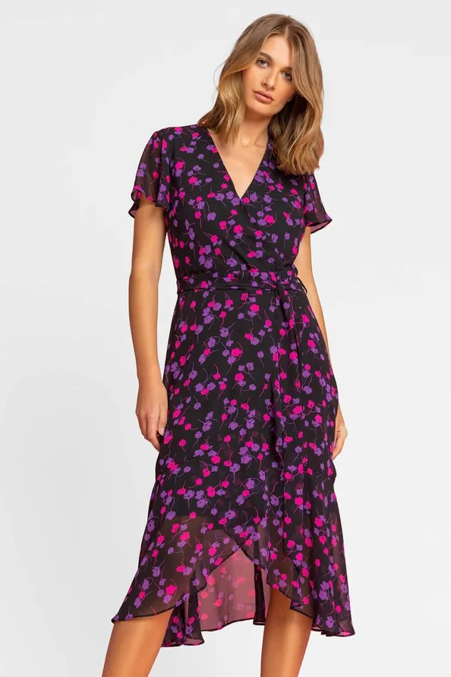 Women Black Floral Frill Detail Wrap Dress Roman Dresses