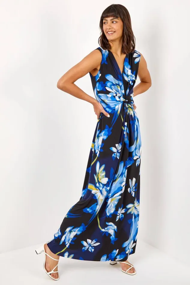 Women Black Floral Jersey Stretch Twist Ruched Maxi Dress Roman Dresses