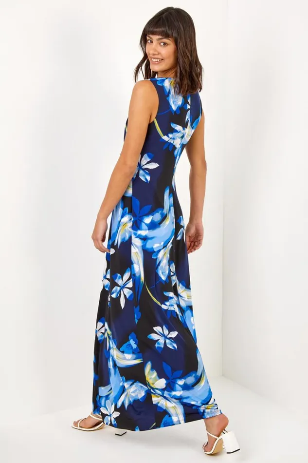 Women Black Floral Jersey Stretch Twist Ruched Maxi Dress Roman Dresses