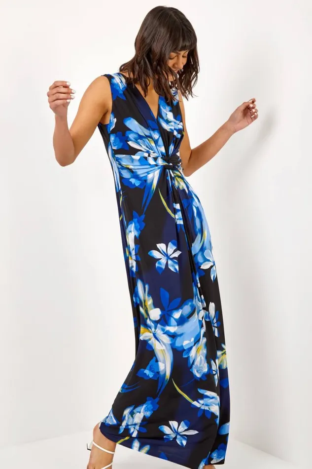 Women Black Floral Jersey Stretch Twist Ruched Maxi Dress Roman Dresses