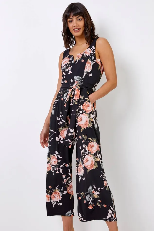 Women Black Floral Print Cropped Leg Jumpsuit Roman Dresses