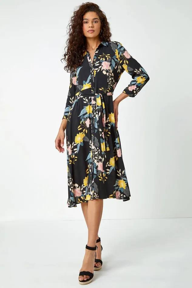 Women Black Floral Print Midi Shirt Dress Roman Dresses