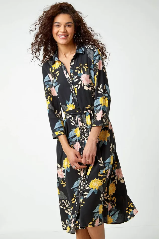 Women Black Floral Print Midi Shirt Dress Roman Dresses